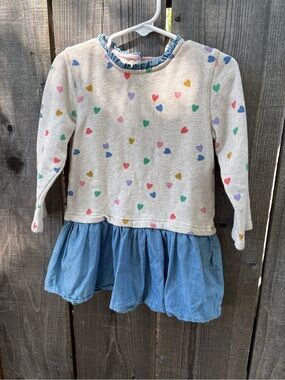 Baby Boden Cream Heart Print Long-Sleeve Dress with Blue Skirt